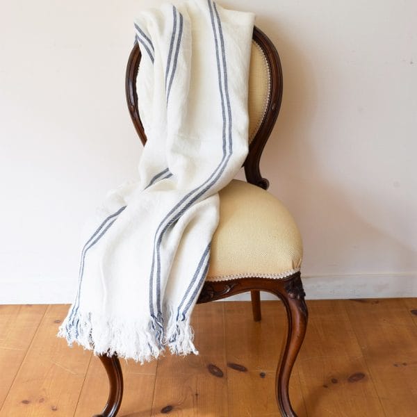 フリンジ付ストライプ柄リネンブランケット・ベッドスプレッド【マリン1】
