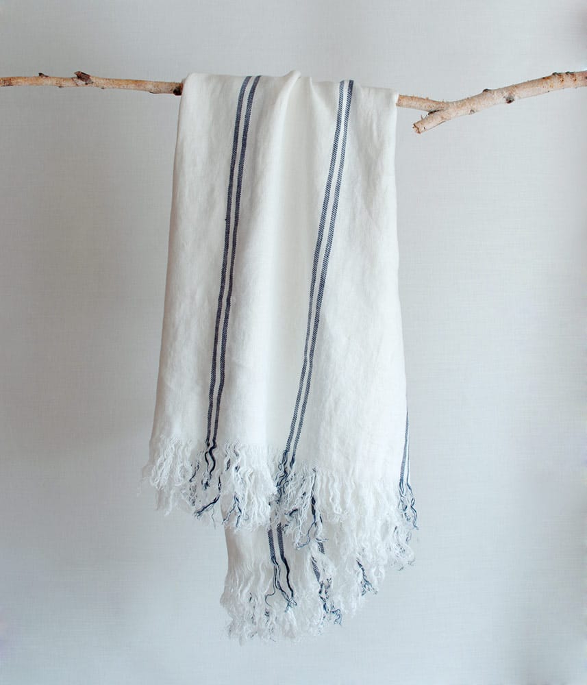 フリンジ付ストライプ柄リネンブランケット・ベッドスプレッド【マリン