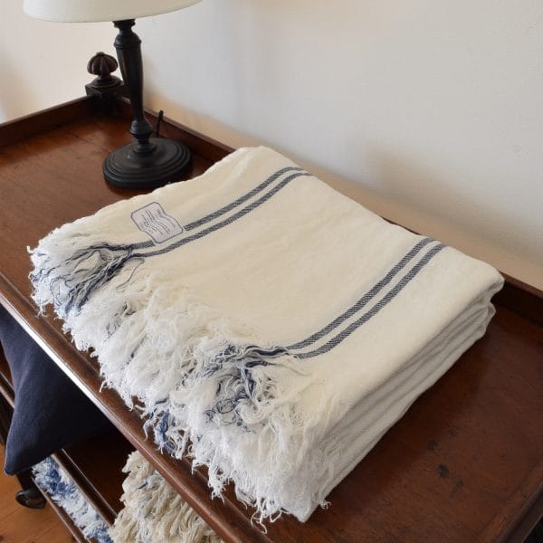 フリンジ付ストライプ柄リネンブランケット・ベッドスプレッド【マリン1】