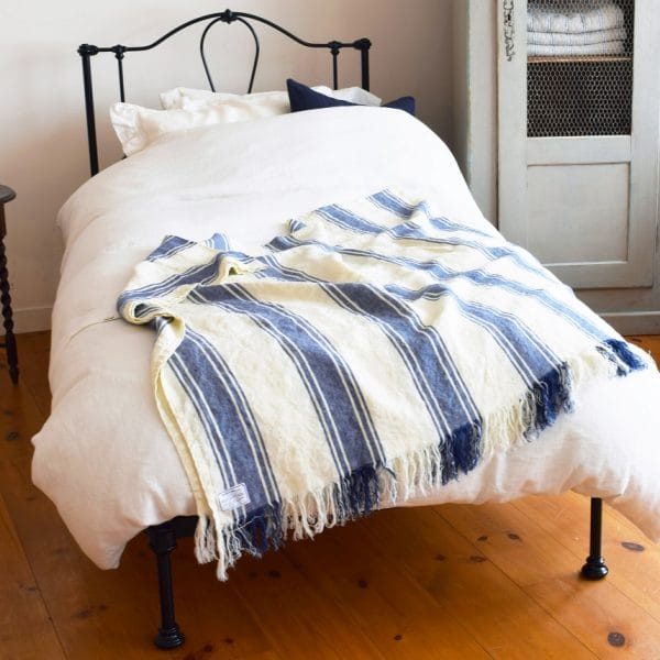 フリンジ付ストライプ柄リネンブランケット・ベッドスプレッド【マリン3】