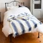 フリンジ付ストライプ柄リネンブランケット・ベッドスプレッド【マリン3】