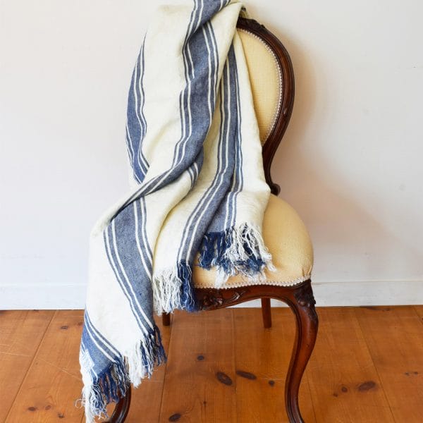 フリンジ付ストライプ柄リネンブランケット・ベッドスプレッド【マリン3】