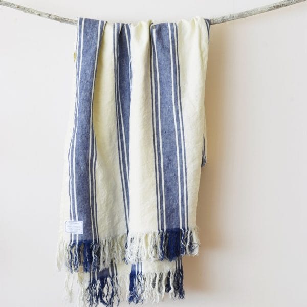 フリンジ付ストライプ柄リネンブランケット・ベッドスプレッド【マリン3】