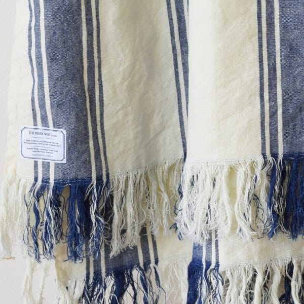 フリンジ付ストライプ柄リネンブランケット・ベッドスプレッド【マリン3】