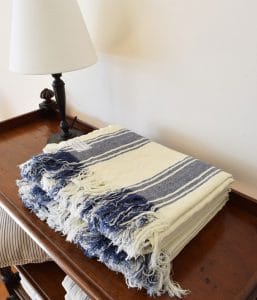 フリンジ付ストライプ柄リネンブランケット・ベッドスプレッド【マリン3】