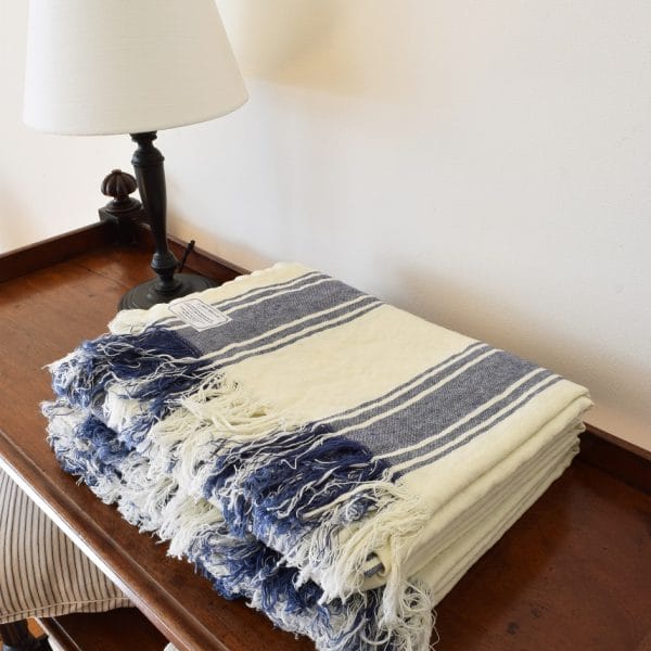 フリンジ付ストライプ柄リネンブランケット・ベッドスプレッド【マリン3】