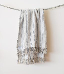 フリンジ付ストライプ柄リネンブランケット・ベッドスプレッド【マリン5】