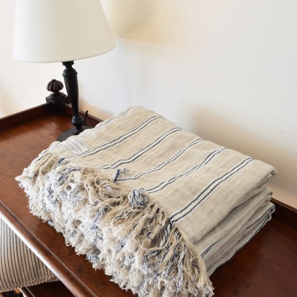 フリンジ付ストライプ柄リネンブランケット・ベッドスプレッド【マリン5】