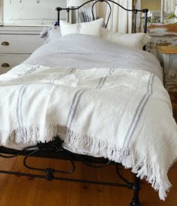 フリンジ付ストライプ柄リネンブランケット・ベッドスプレッド【マリン6】