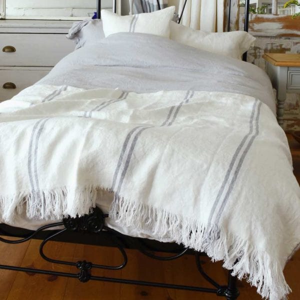 フリンジ付ストライプ柄リネンブランケット・ベッドスプレッド【マリン6】