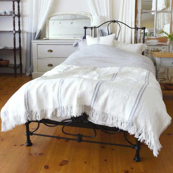 フリンジ付ストライプ柄リネンブランケット・ベッドスプレッド【マリン6】