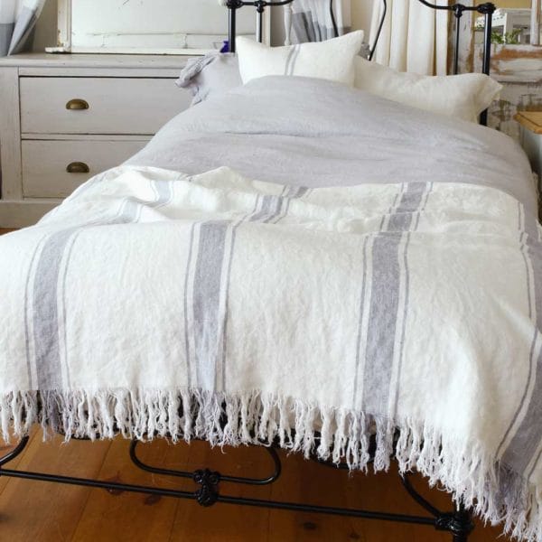 フリンジ付ストライプ柄リネンブランケット・ベッドスプレッド【マリン7】