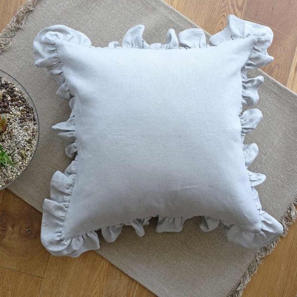 リネンフリルクッションカバー【ブルーグレー】