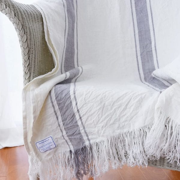 フリンジ付ストライプ柄リネンブランケット・ベッドスプレッド【マリン7】