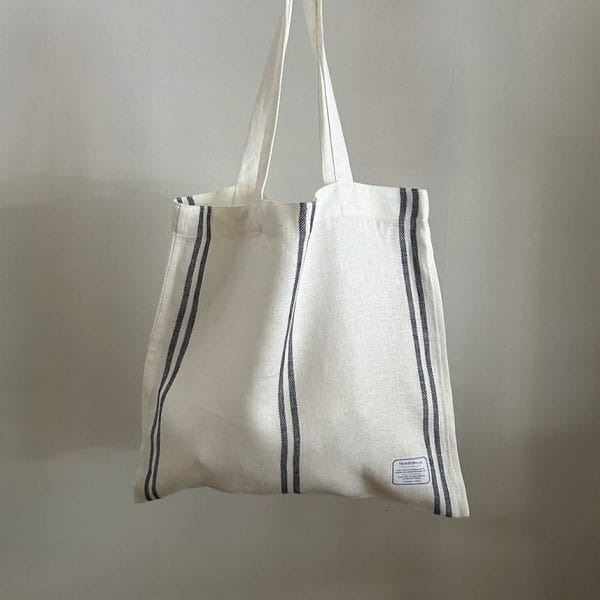 リネン素材 大きめマルシェトートバッグ【マリン1】