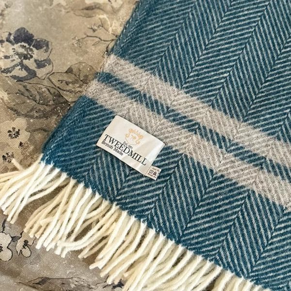 TWEEDMILL/ピュアウール2ラインブランケット【ティーブルーxグレー】
