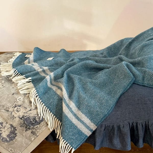 TWEEDMILL/ピュアウール2ラインブランケット【ティーブルーxグレー】