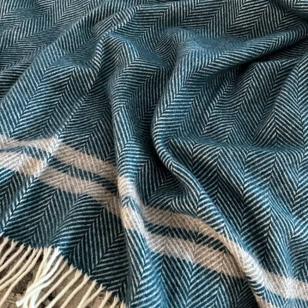 TWEEDMILL/ピュアウール2ラインブランケット【ティーブルーxグレー】